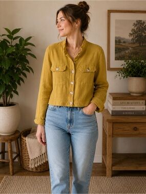 Tribal Jeans Mustard Yellow Linen Blend Button Front Jacket | Size M